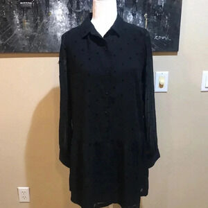 Frenchi Black Polka Dot Long Sleeve Dress Button Front Collar Dropped Waist-L